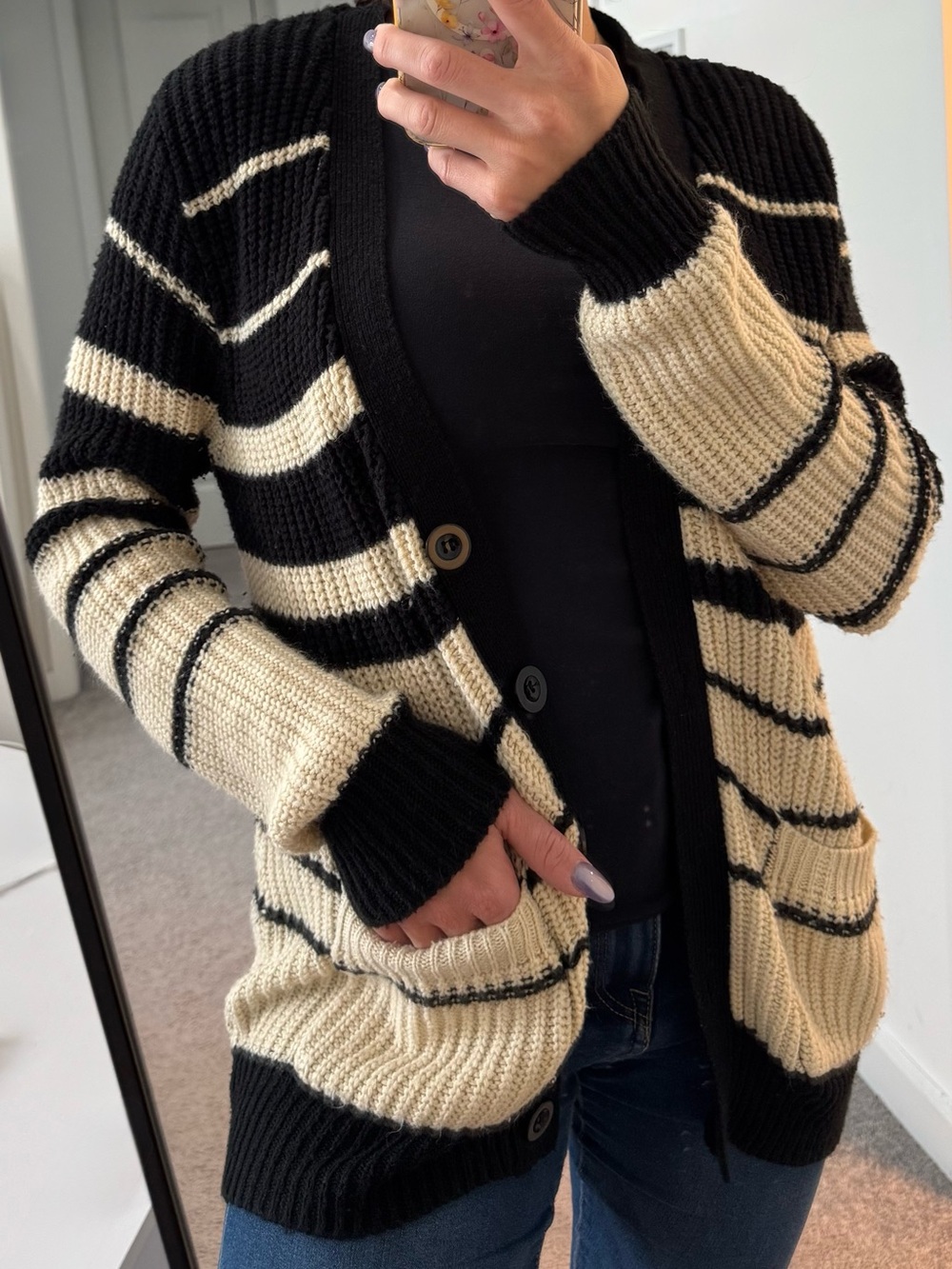 Forever 21 Black & Cream Striped Open-Front Cardigan